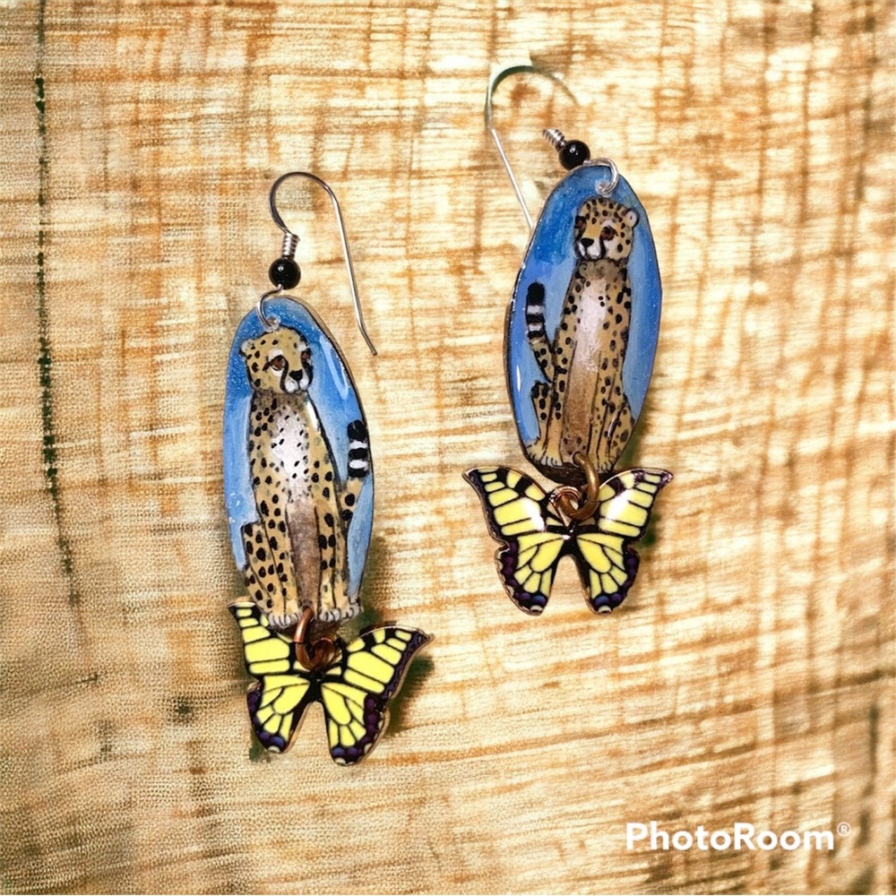 Cheetah cat handpainted earrings dangle OOAK w butterfly charm